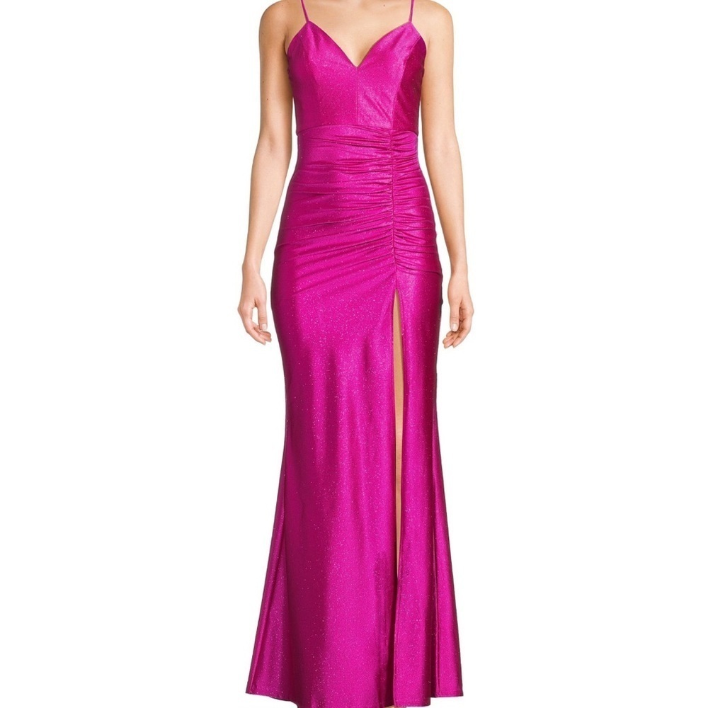 Honey and Rosie Spag Strap V-Neck Ruched Slit Glitter Satin Long Dress size XL - Picture 3 of 13